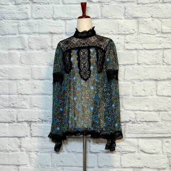 Anna Sui Black Floral Lace Top - Picture 1 of 7